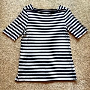 Talbots Black and White Stripe Top with Unique Square Neckline, Elbow Sleeves.